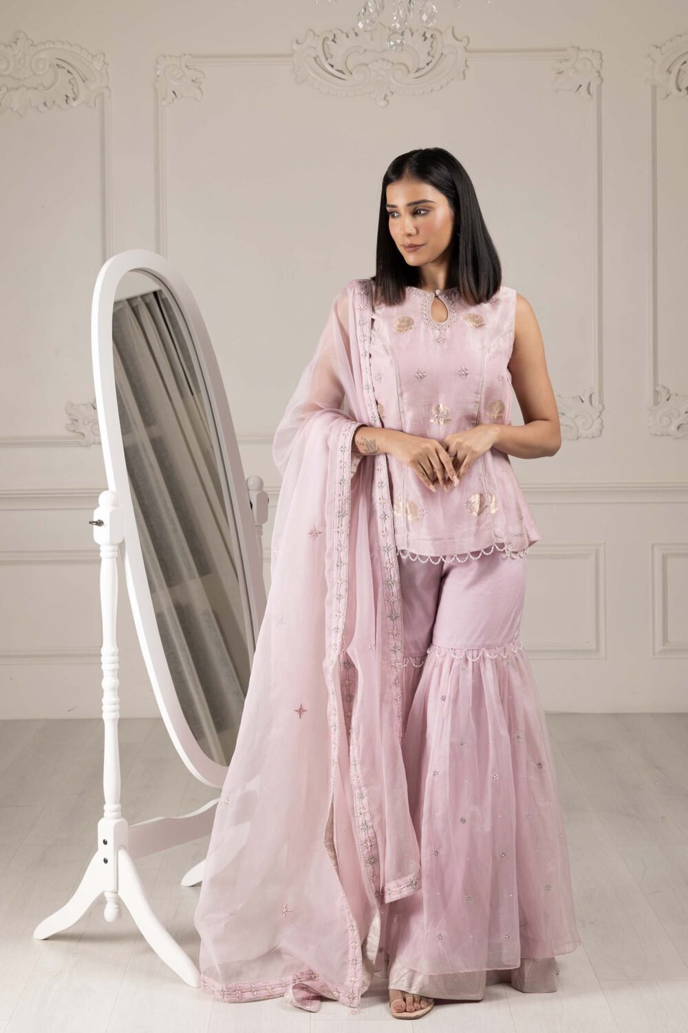 Royalty Lilac BRich Styless Organza Thread & Pearl Sharara