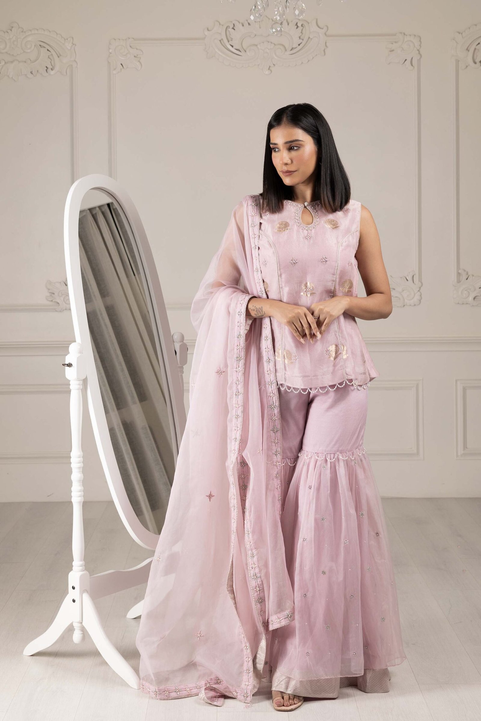 Royalty Lilac BRich Styless Organza Thread & Pearl Sharara