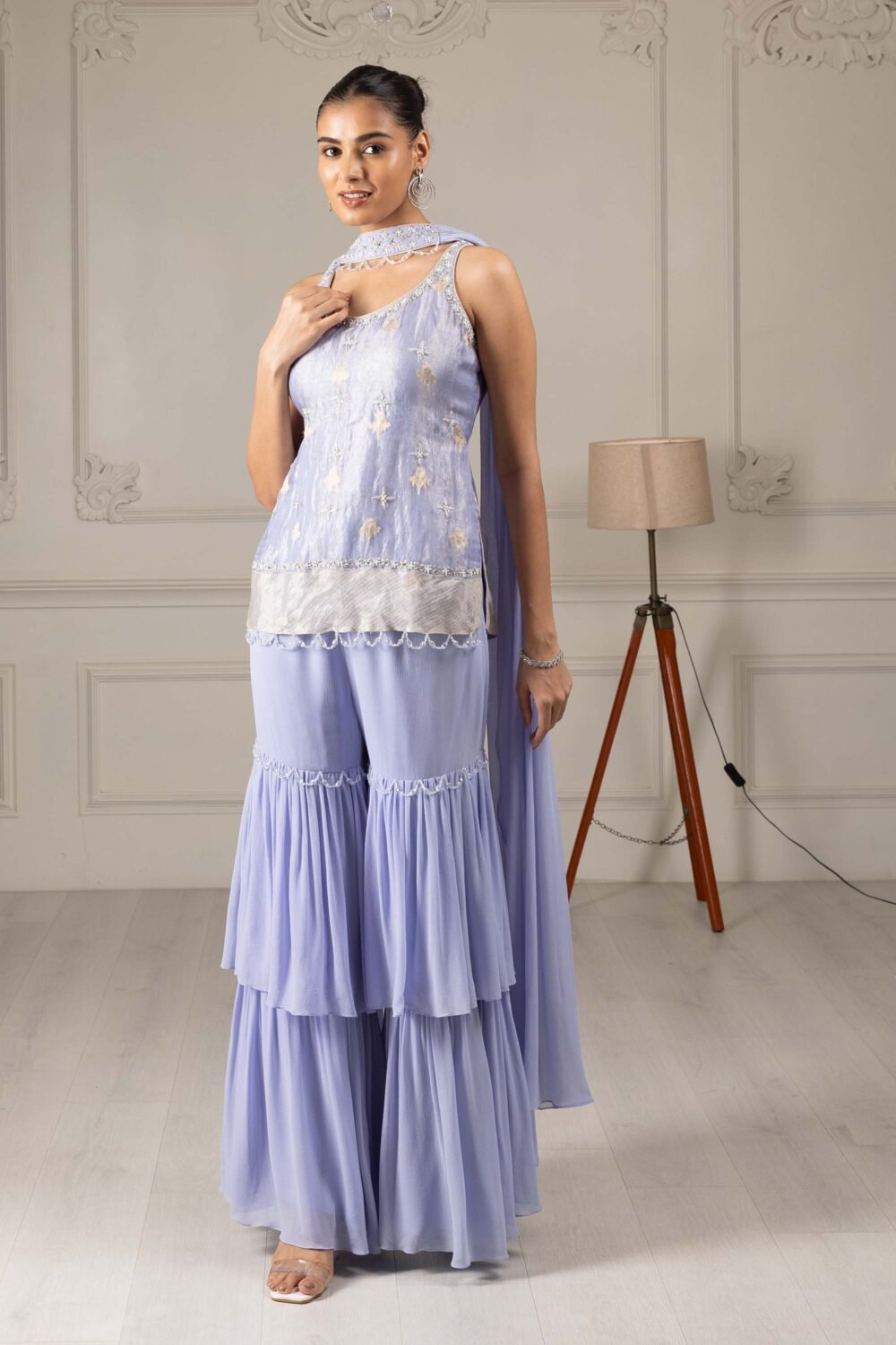 Royalty Sky Blue BRich Styless Organza Thread & Pearl Bridesmaid Sharara