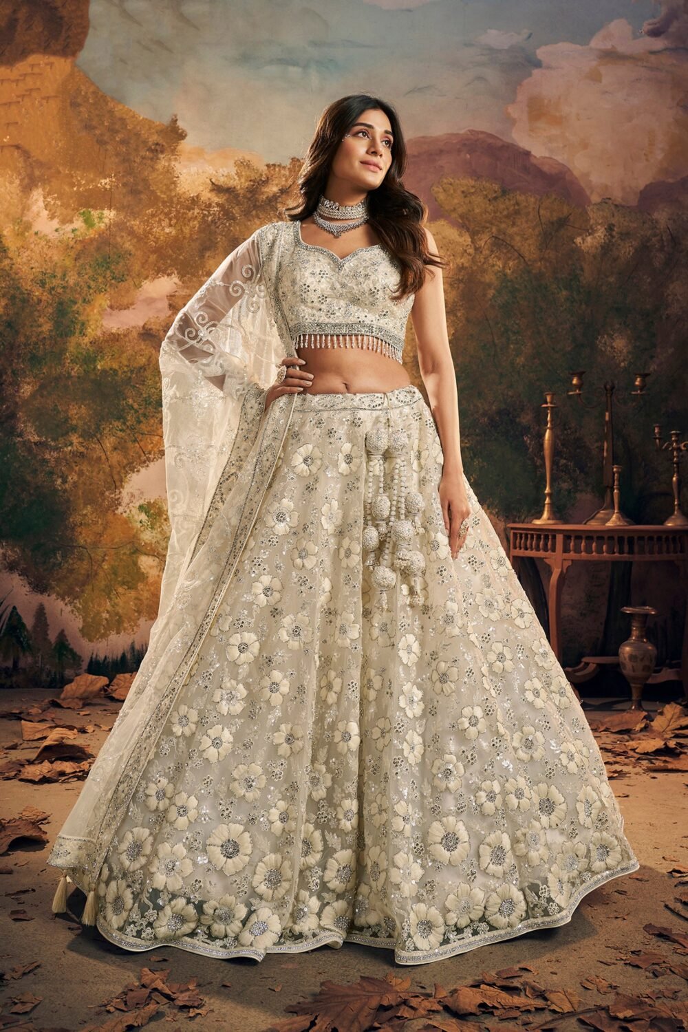White Net Hand Embroidery Sangeet Lehenga