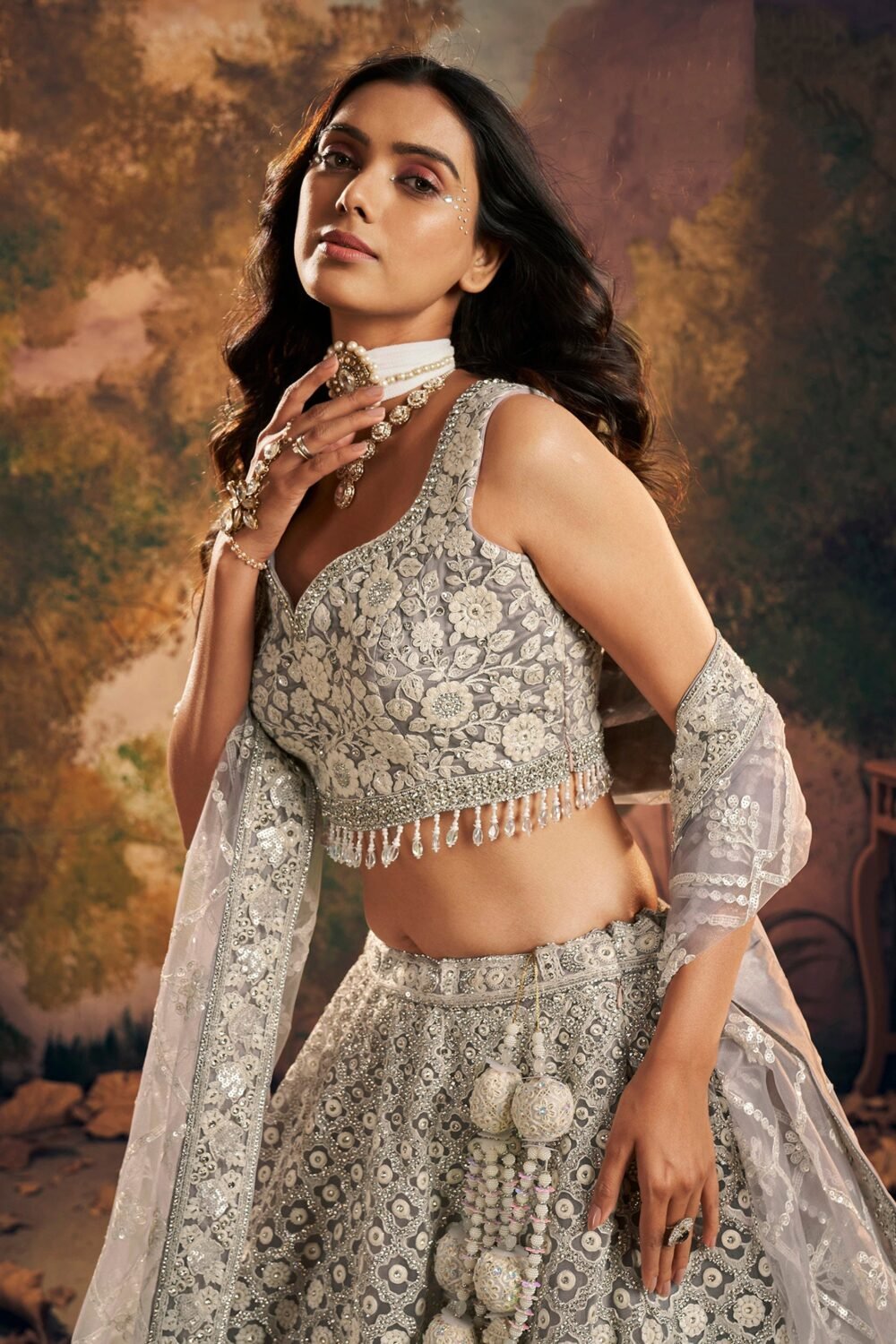 Grey Net Hand Embroidery Engagement Lehenga