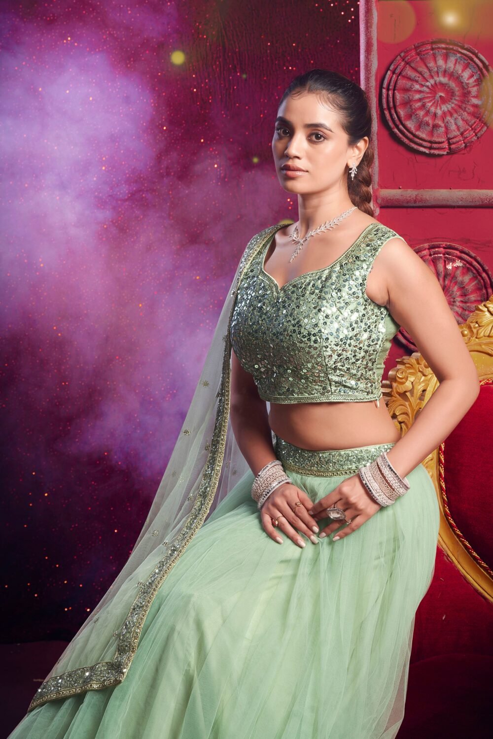 Pista Green Net Sequence Embroidery Bridesmaid Lehenga