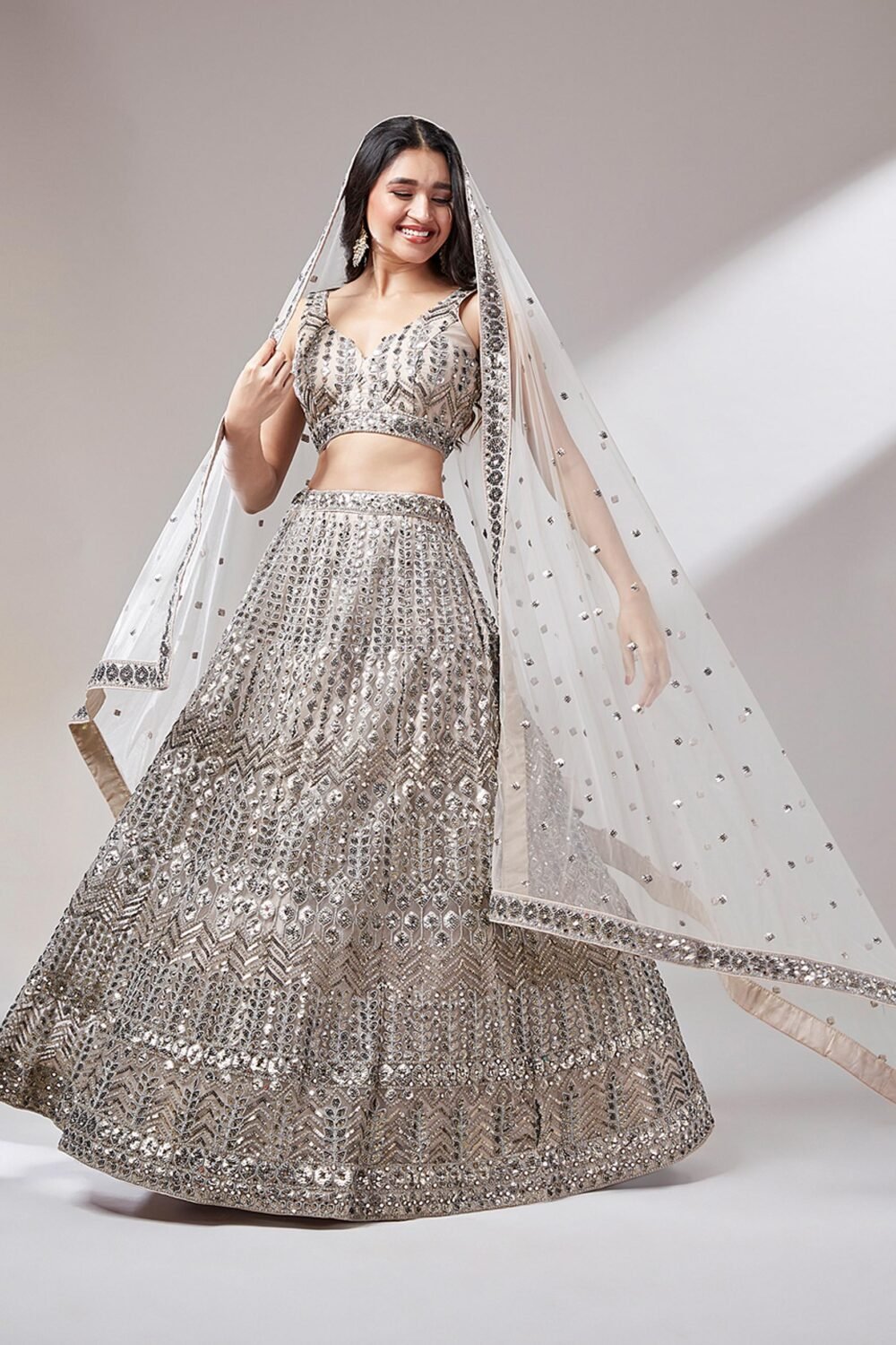 Beige Net Mirror & Sequins Embroiderey Lehenga