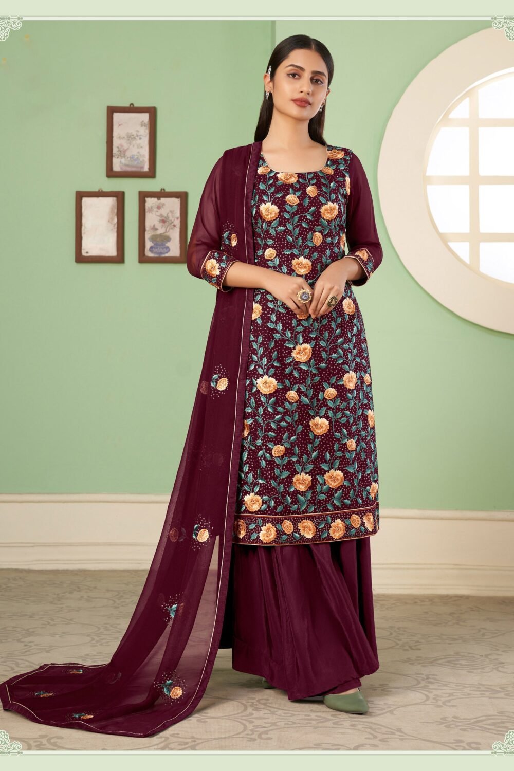 Maroon Thread Embroidered Straight Cut Sangeet Sharara