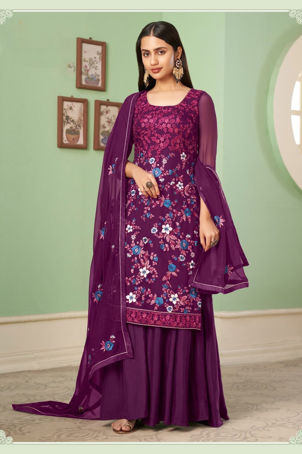 Purple Thread Embroidered Straight Cut Sangeet Sharara