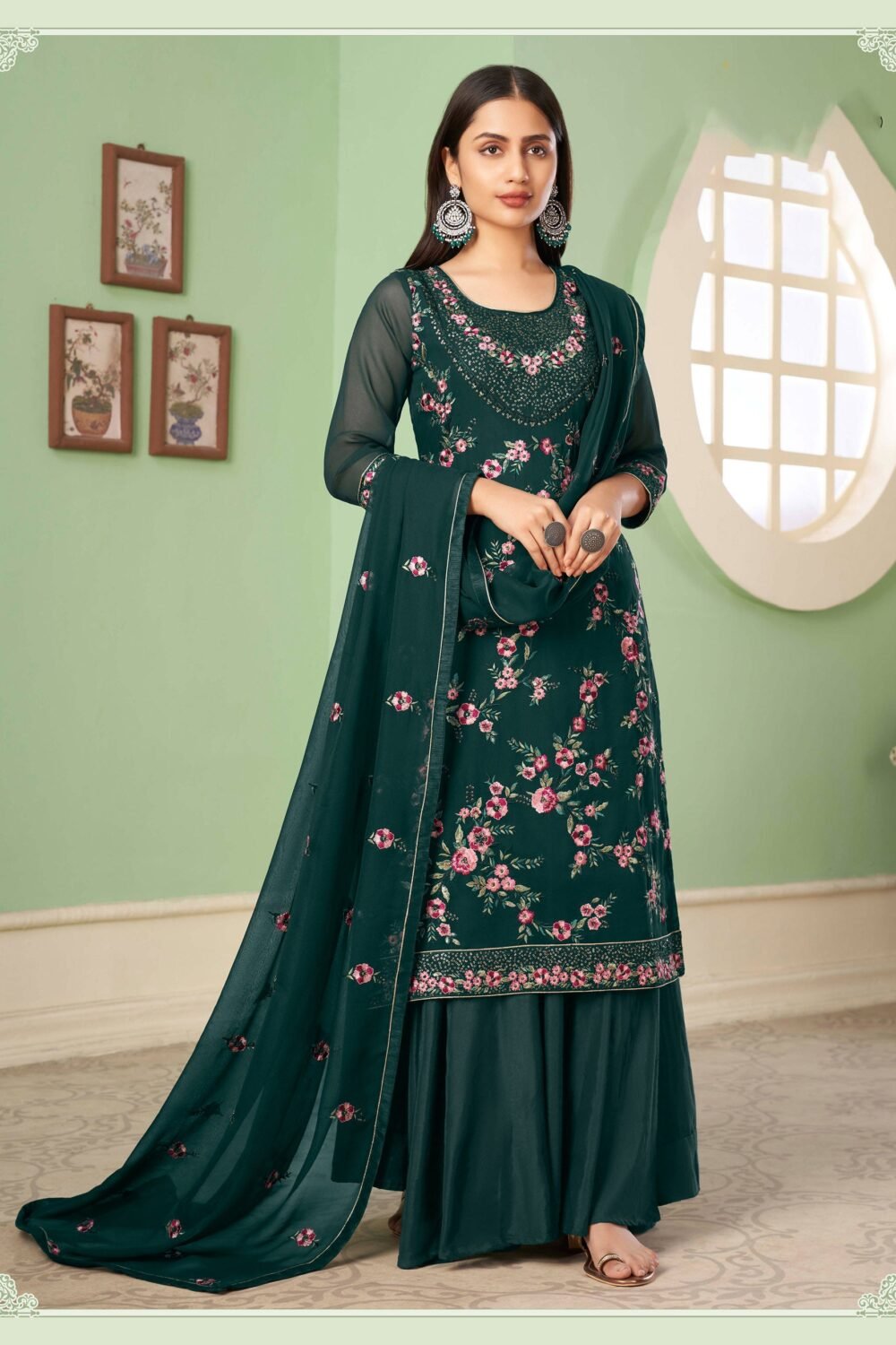 Green Sangeet Sharara Floral Embroidered Straight Cut