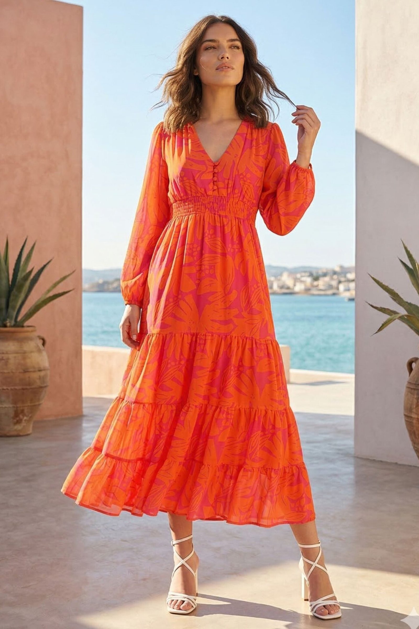 Orange Abstract Tiered Flared Dress