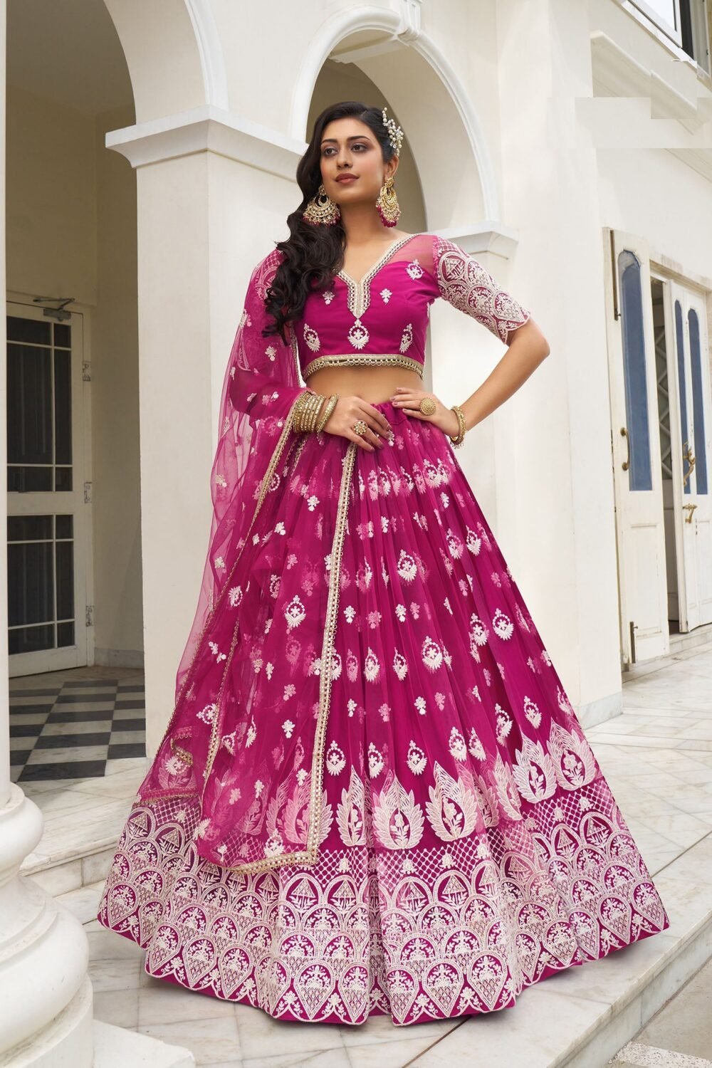 Royal Pink Butterfly Net Thread & Sequins Embroidered Sangeet Lehenga