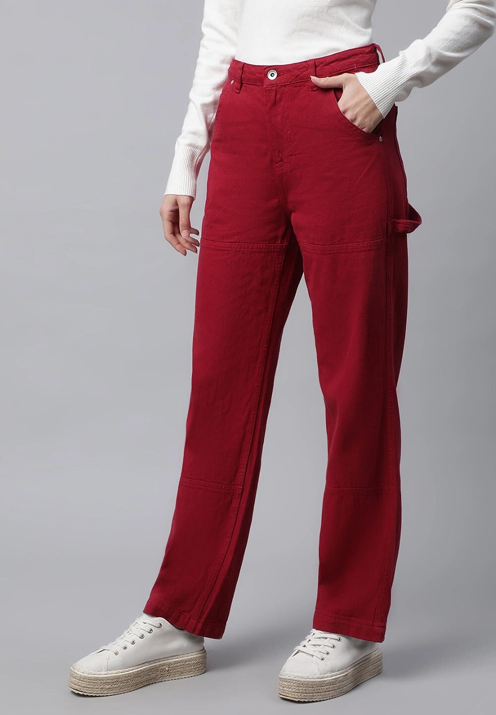 Red High Rise Straight Leg Jeans