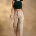 Beige Floral Printed Baggy Denim Jeans