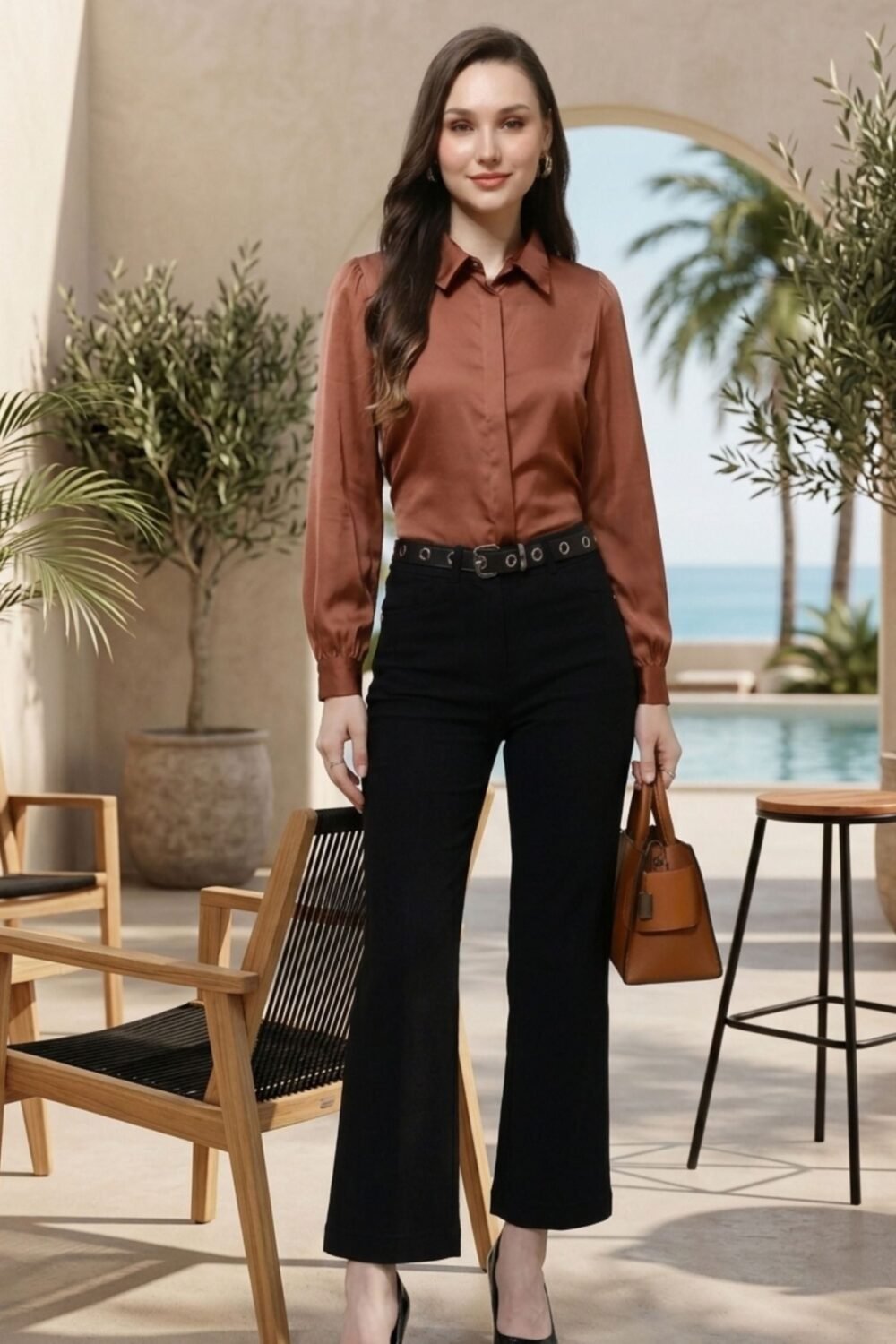 Brown Poly Satin Solid Shirt
