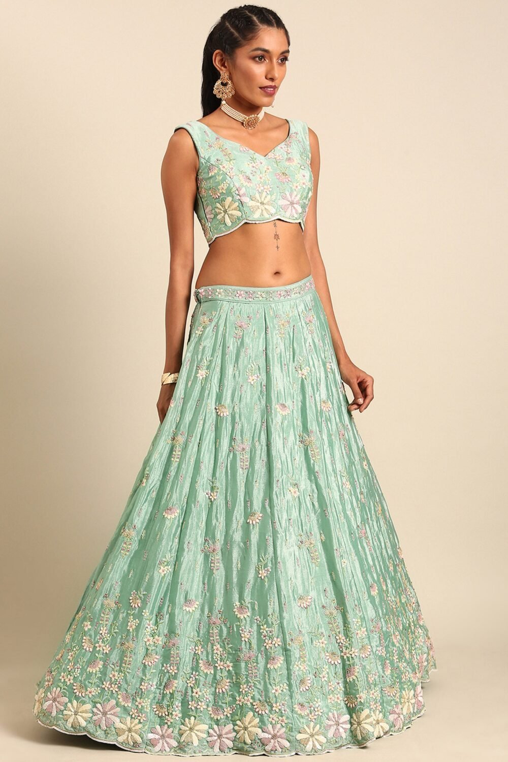 Sea Green Georgette Sequins Embroidery Lehenga