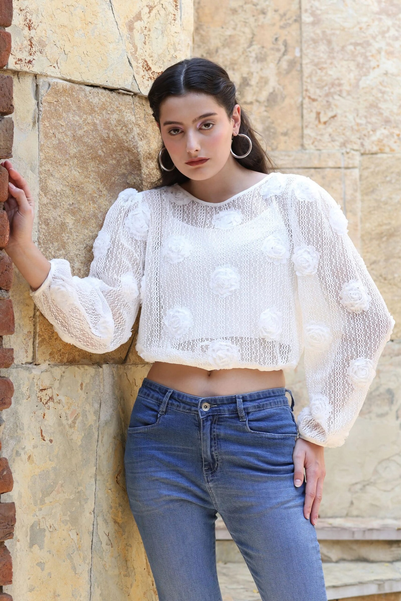White Rose Floral Boxy Fit Sheer Top