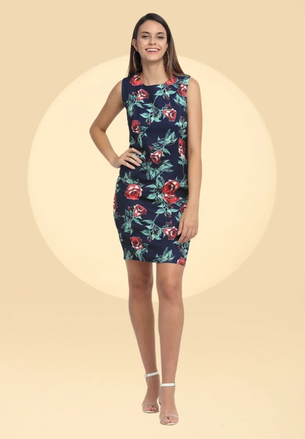 Navy Blue Print Midi Length Dress