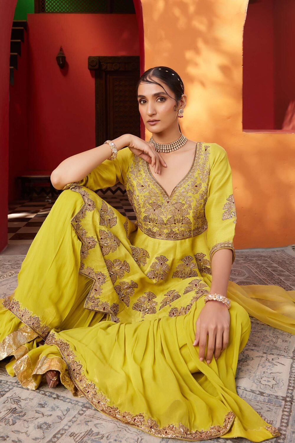 Mughal Yellow Raw Silk Embroidered Haldi Sharara