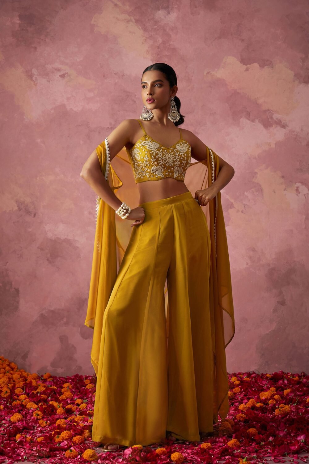 Mustard Yellow Georgette Floral Embroidered Indo Western Sharara