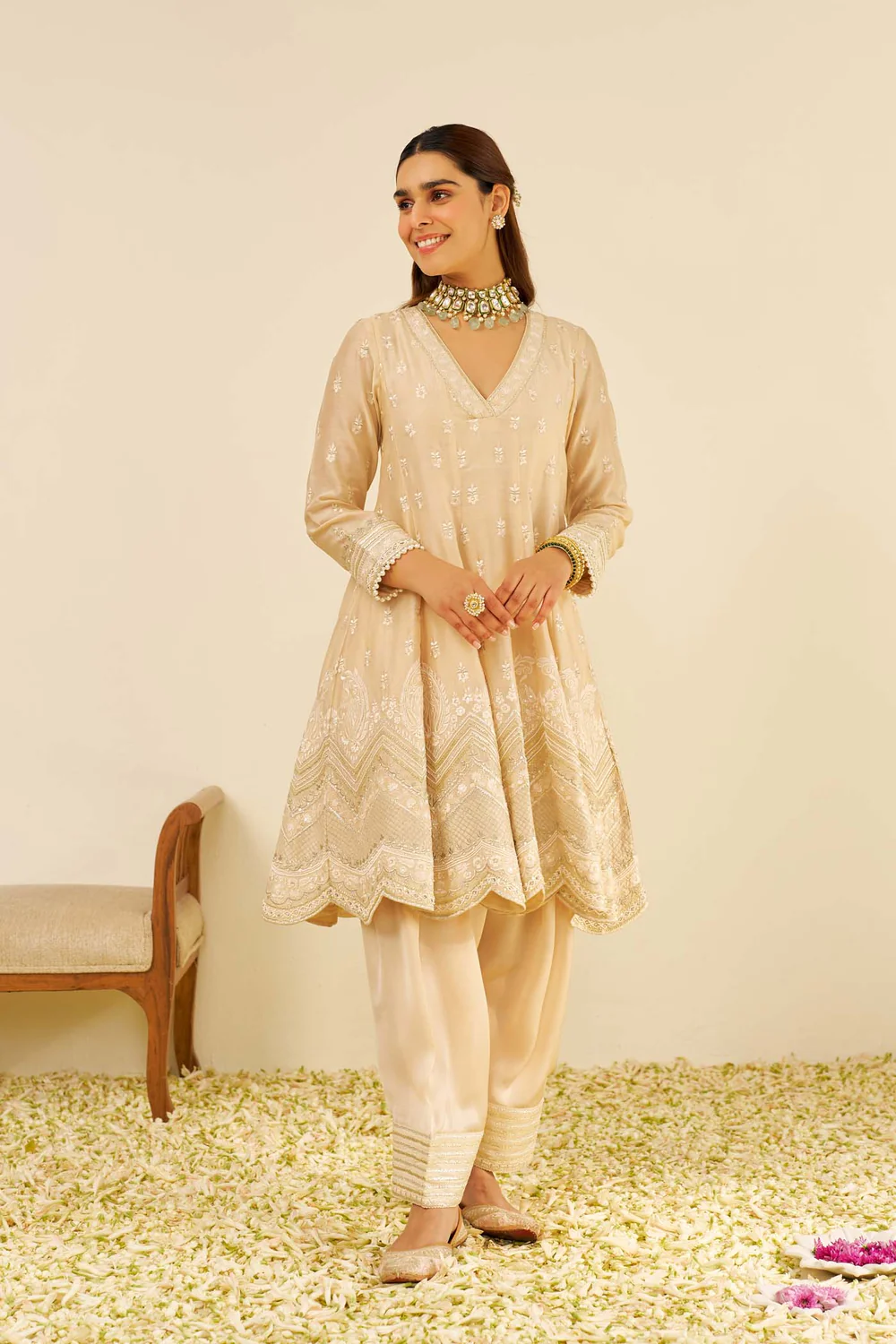 Beige Short Anarkali Suit Set