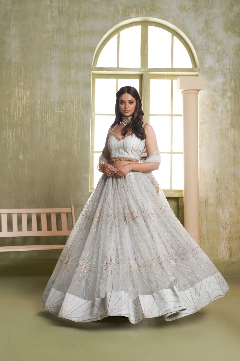 Grey Butterfly Net Thread & Sequin Work Wedding Guest Lehenga