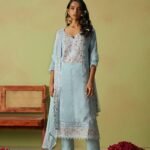 Sea Blue Organza Thread Embroidered Festive Kurta Set