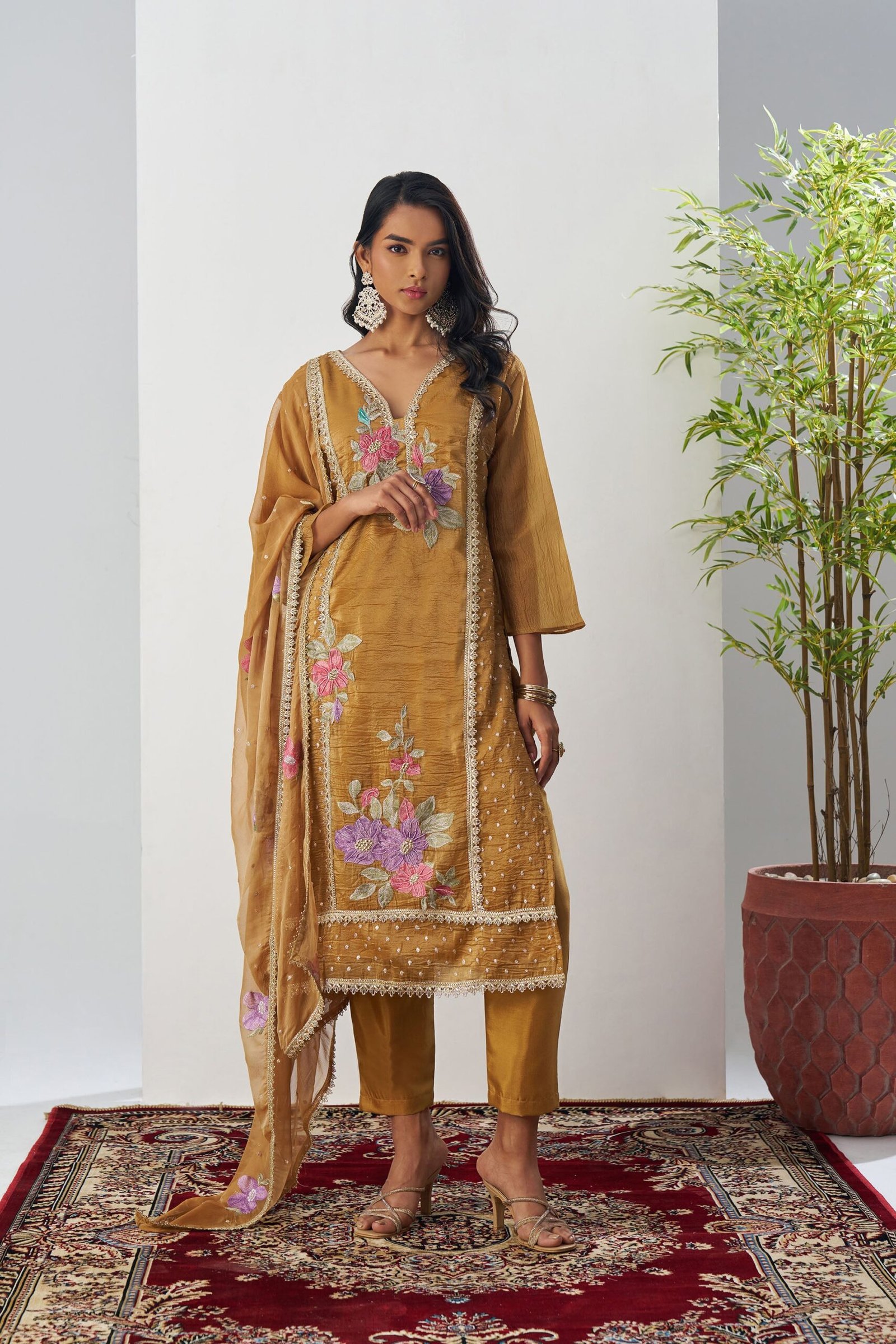 Brown Crush Silk Sequins & Beads Work Festive Kurta Set
