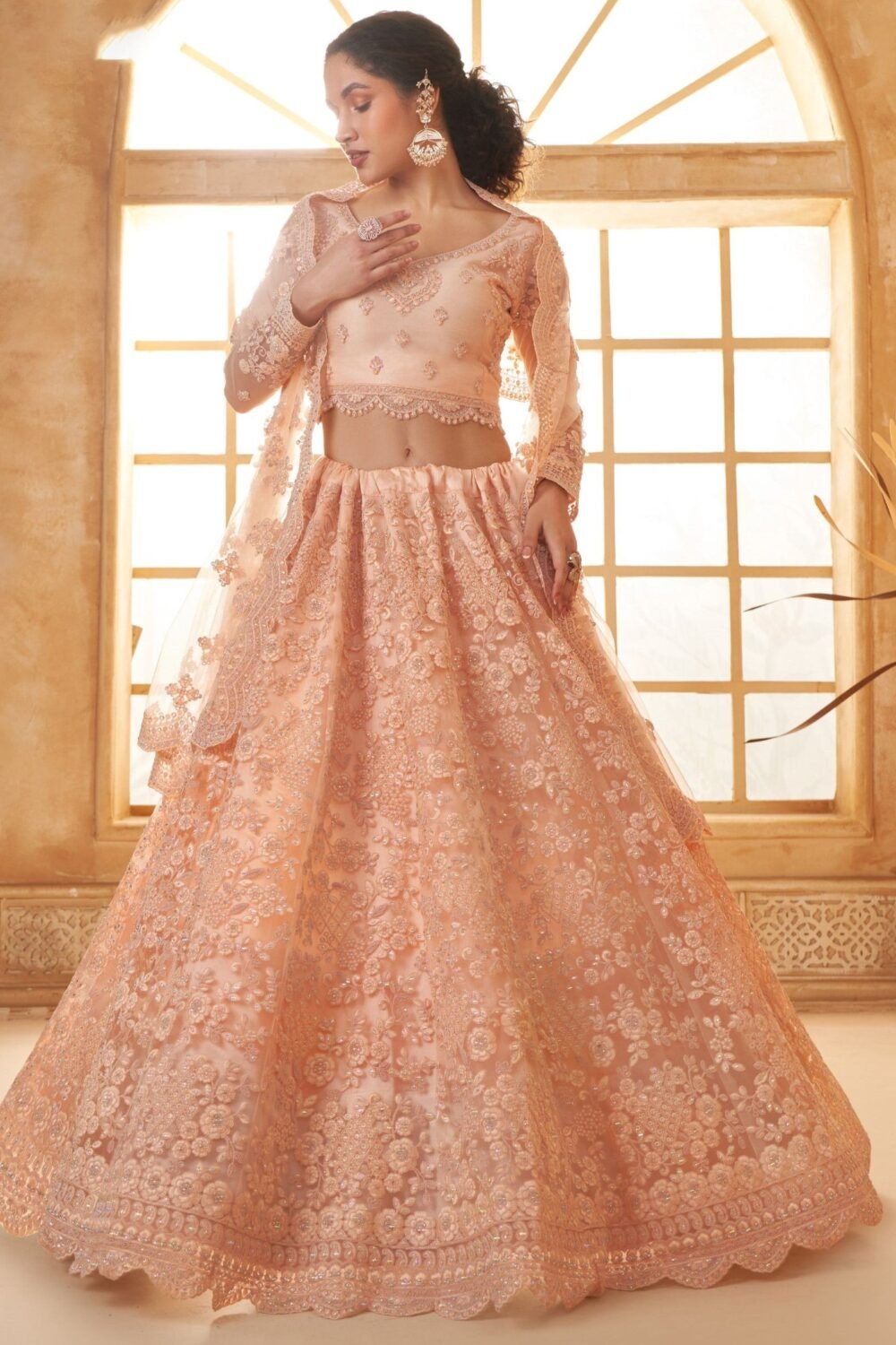 Peach Heavy Cording Embroidered Net Bridesmaid Lehenga Choli