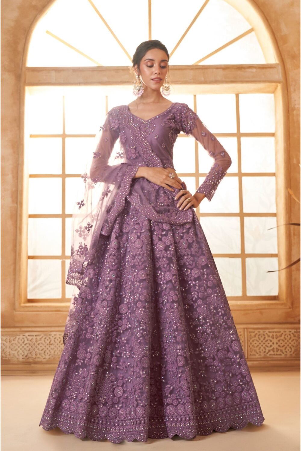Purple Heavy Cording Embroidered Net Sangeet Lehenga Choli