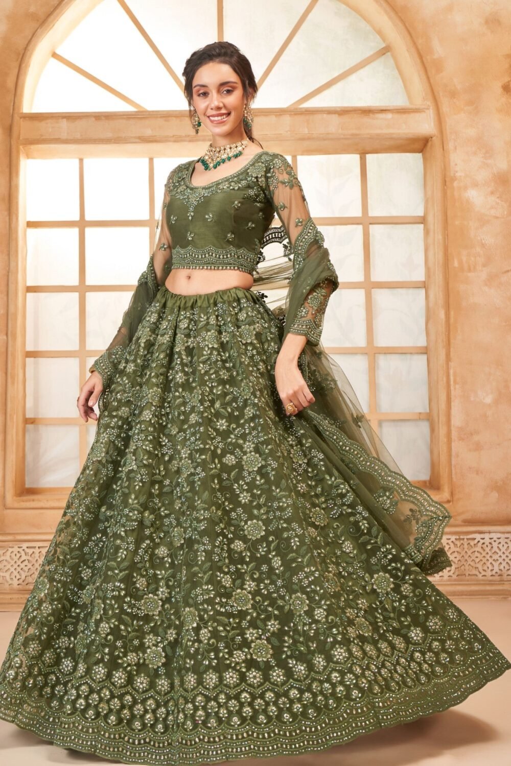 Mehendi Heavy Cording Embroidered Net Lehenga Choli