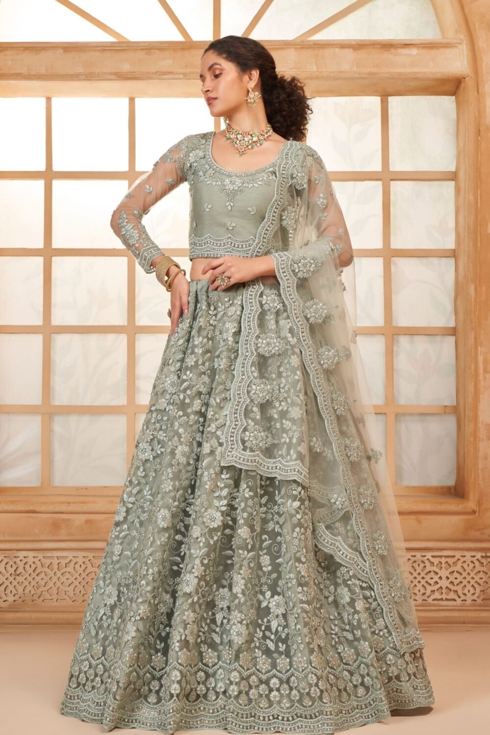 Grey Heavy Cording Embroidered Net Reception Lehenga Choli