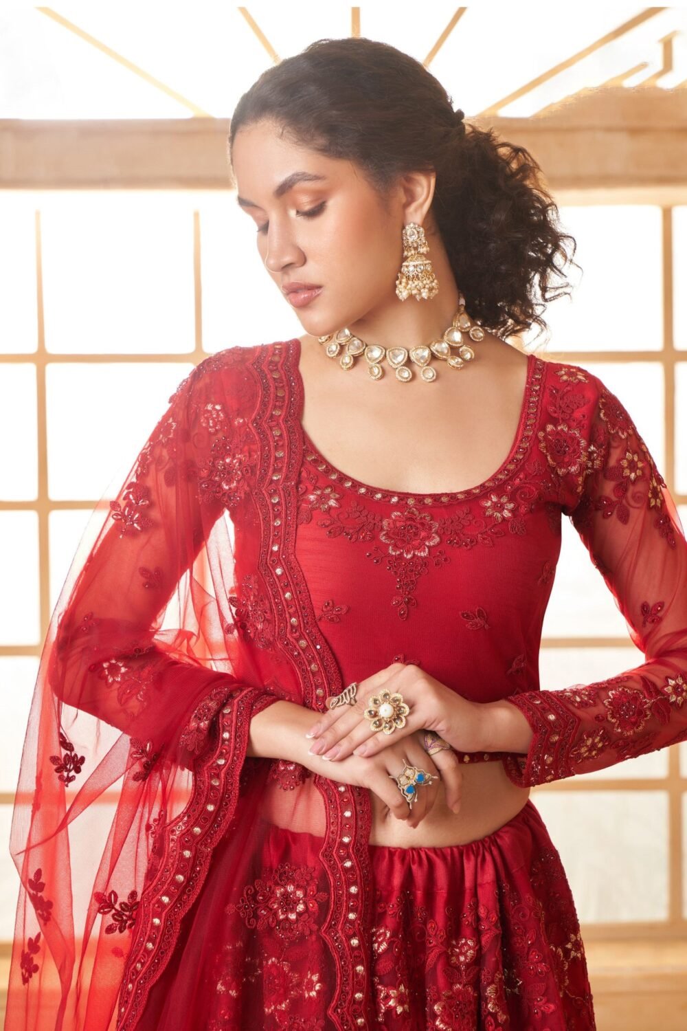 Deep Red Heavy Cording & Floral Embroidered Net Bridal Lehenga Choli