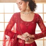Deep Red Heavy Cording & Floral Embroidered Net Bridal Lehenga Choli