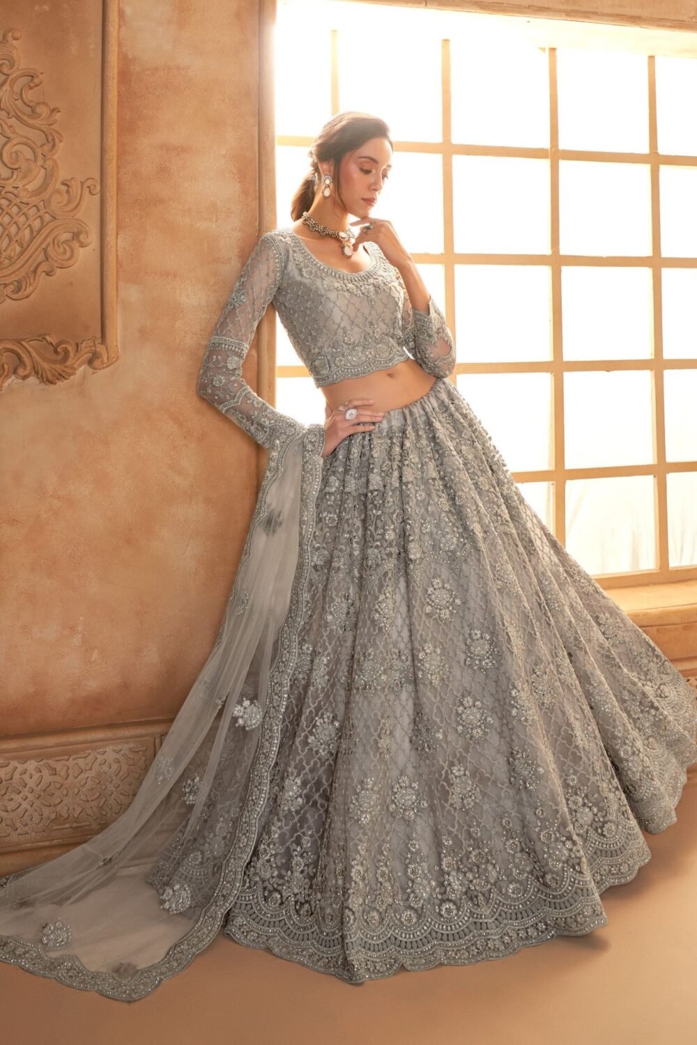 Light Grey Heavy Diamond & Floral Embroidered Net Lehenga Choli