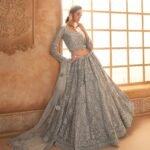 Light Grey Heavy Diamond & Floral Embroidered Net Lehenga Choli