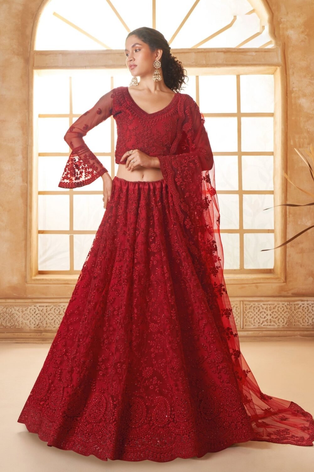 Red Heavy Floral Embroidered Net Bridesmaid Lehenga Choli