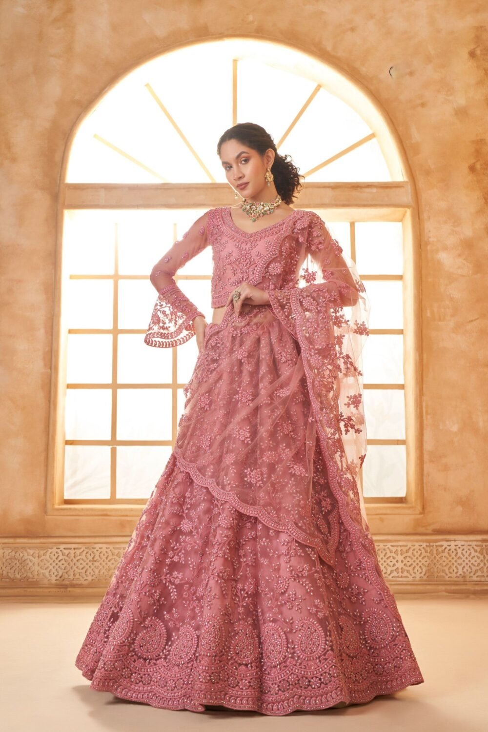 Dusty Pink Heavy Floral Embroidered Net Bridesmaid Lehenga Choli