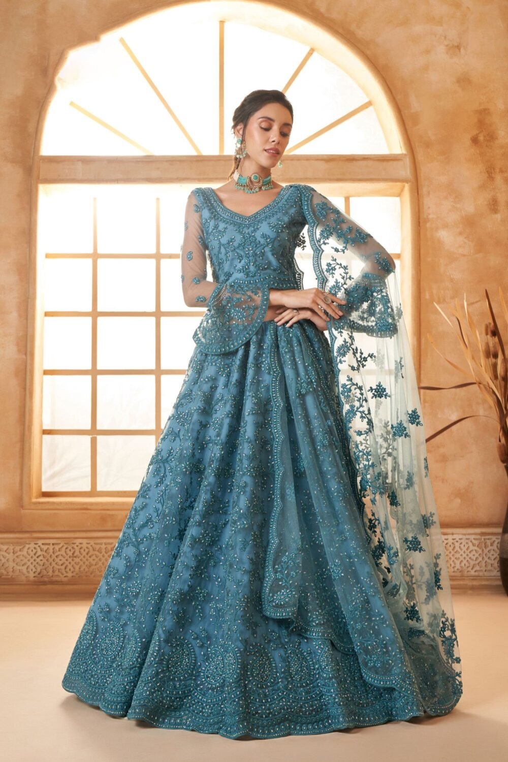 Blue Heavy Codding Embroidered Net Reception Lehenga Choli