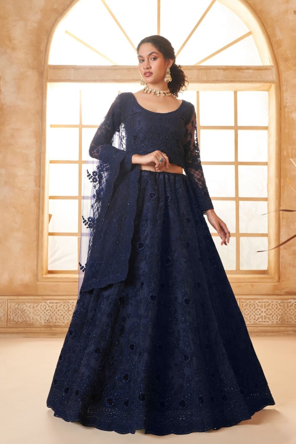 Blue Net Embroidered Stone Work Lehenga for Wedding
