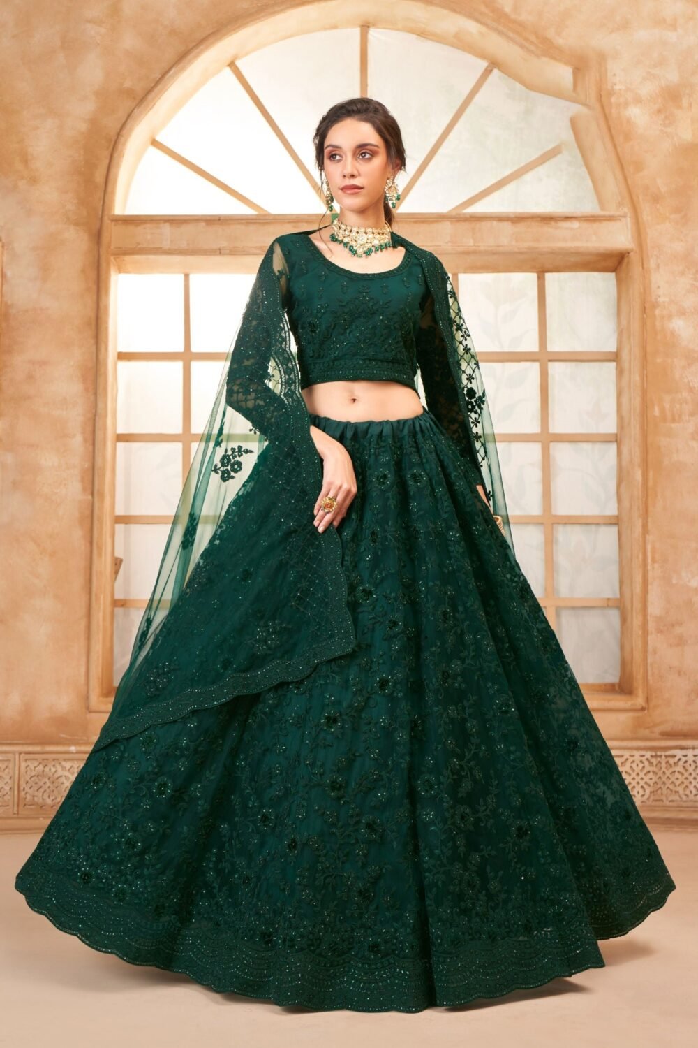 Green Net Embroidered Stone Work Lehenga for Mehendi