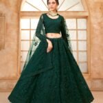 Green Net Embroidered Stone Work Lehenga for Mehendi