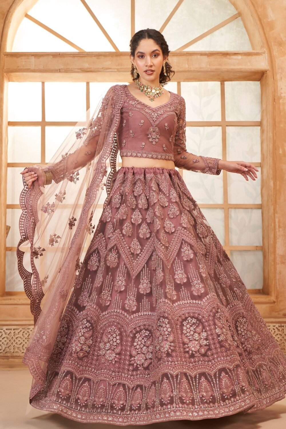 Dusty Pink Soft Net Embroidered Lehenga With Diamond Work