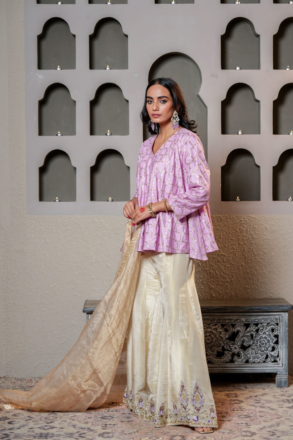 Golden & Purple BRich Stylessi Silk Sharara Set With Cut-dana & Moti Hand Work