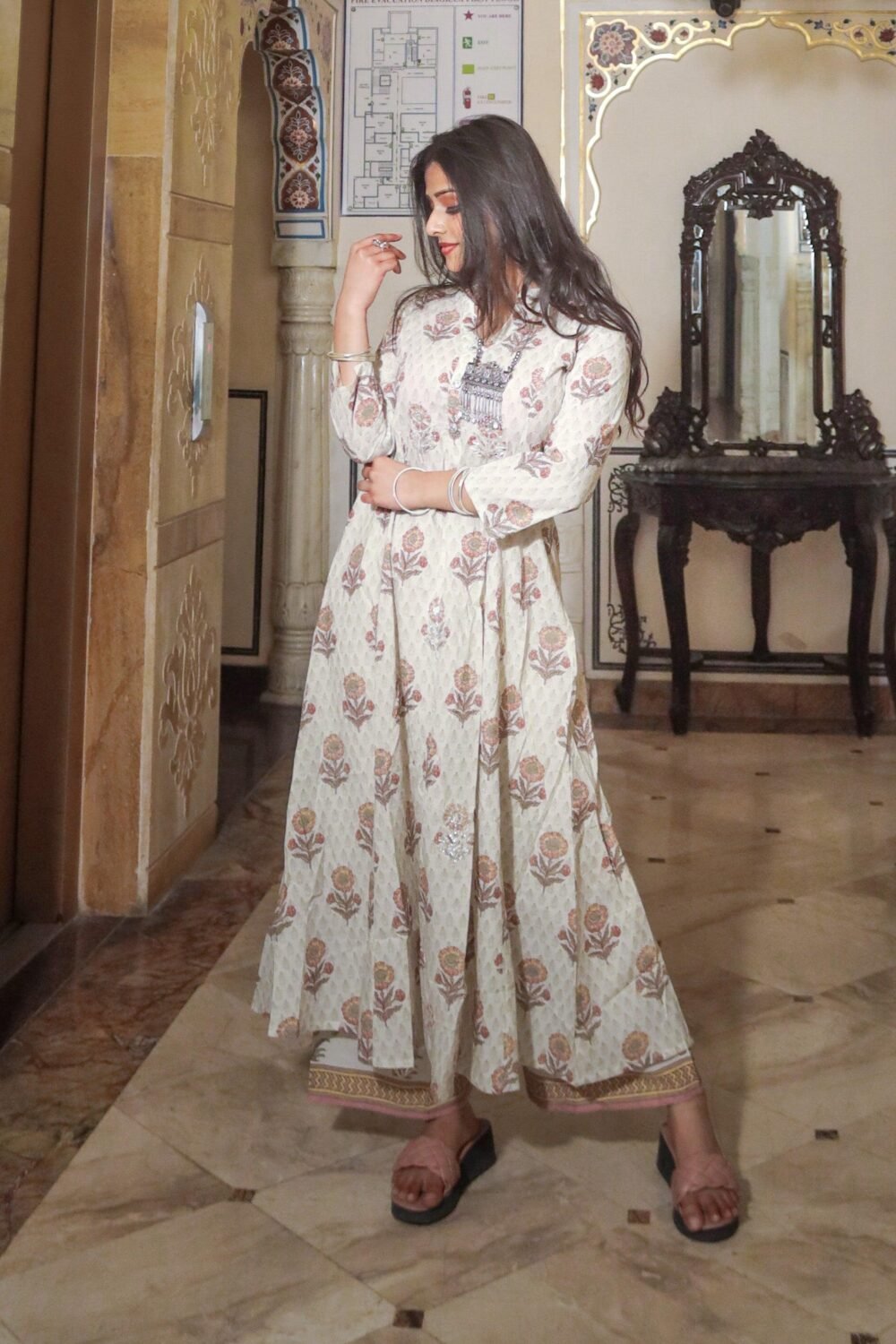 Ivory & White Print Cotton Kurti With Palazzo Set