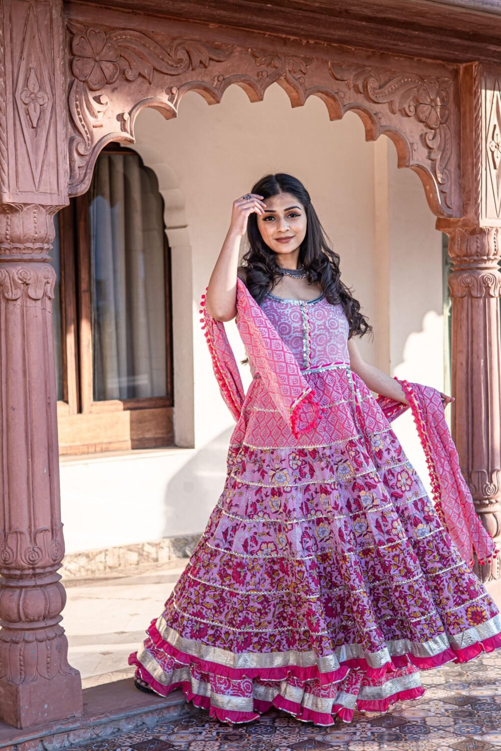 Pink Cotton Sleeve Less Anarkali Sharara Set With Dupatta