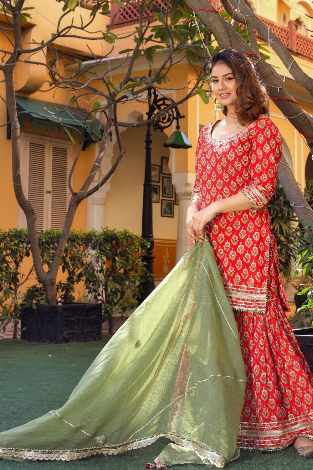 Red Cotton Dabu Printed Kurta Sharara Set