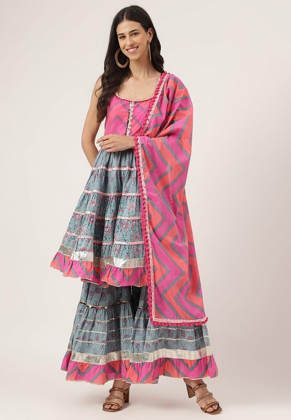 Turquoise Blue Cotton Sleeves Less Sharara Set