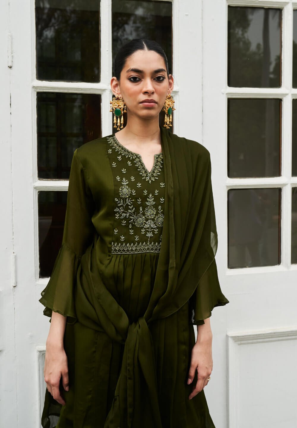 Olive Wrinkle Georgette Peplum Sharara Set With Hand Embroidery