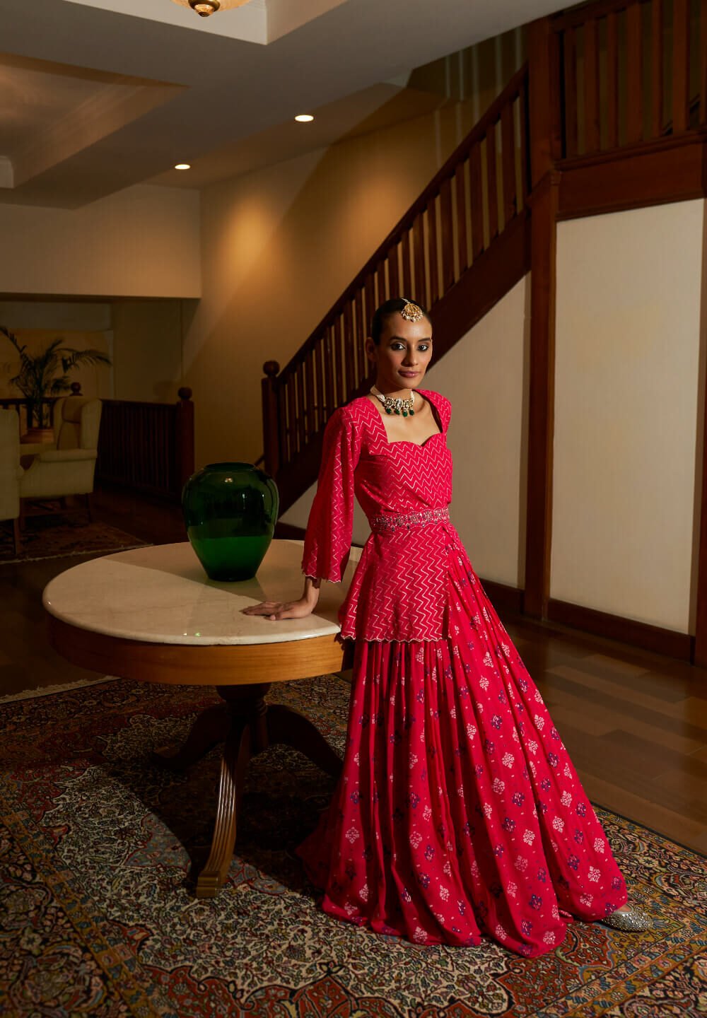 Pink Pure Georgette Foil Printed Skirt Set
