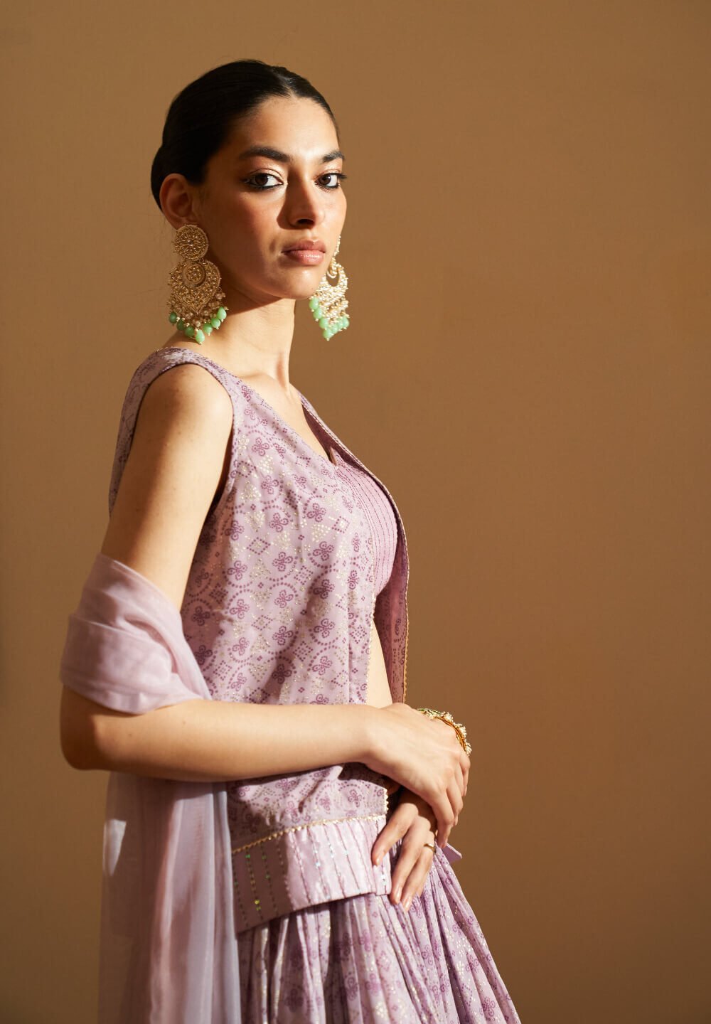 Lavender Pure Georgette Foil Printed Skirt Set