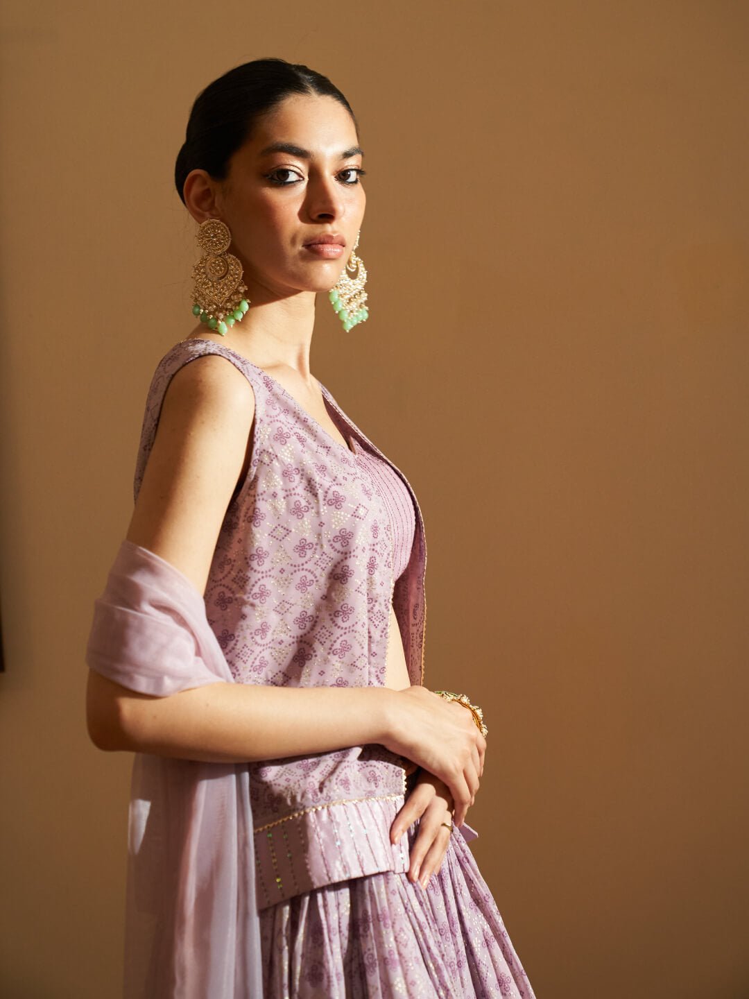 Lavender Pure Georgette Foil Printed Skirt Set