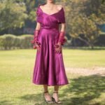 Bougainvillea Purple Milano Satin Off Shoulder Dress