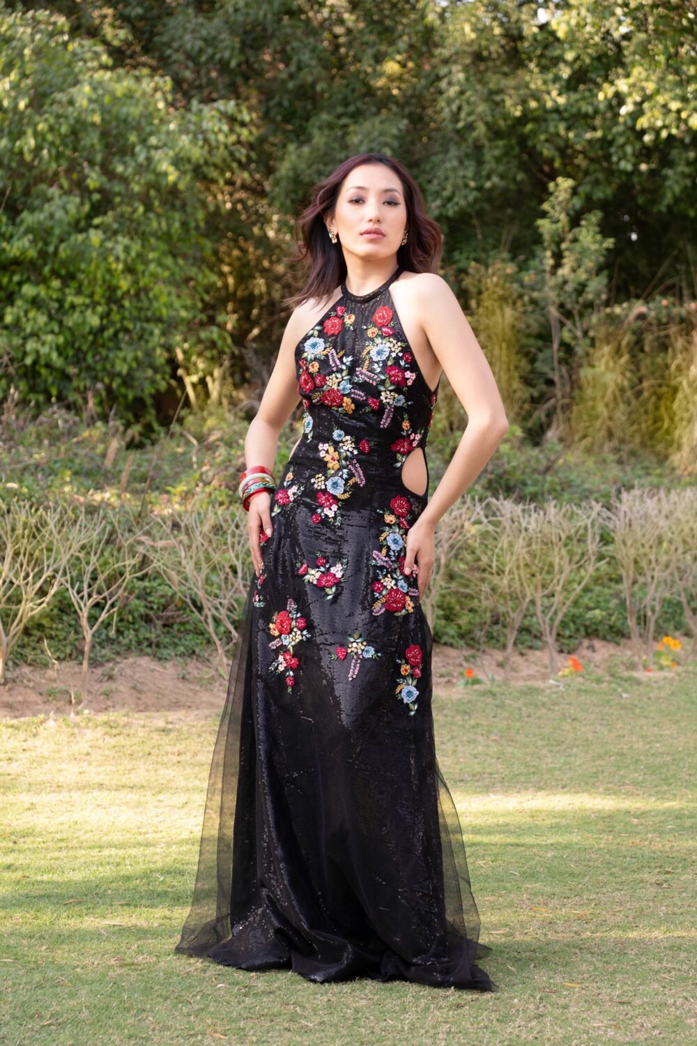 Lantana Black Tulle Floral Gown